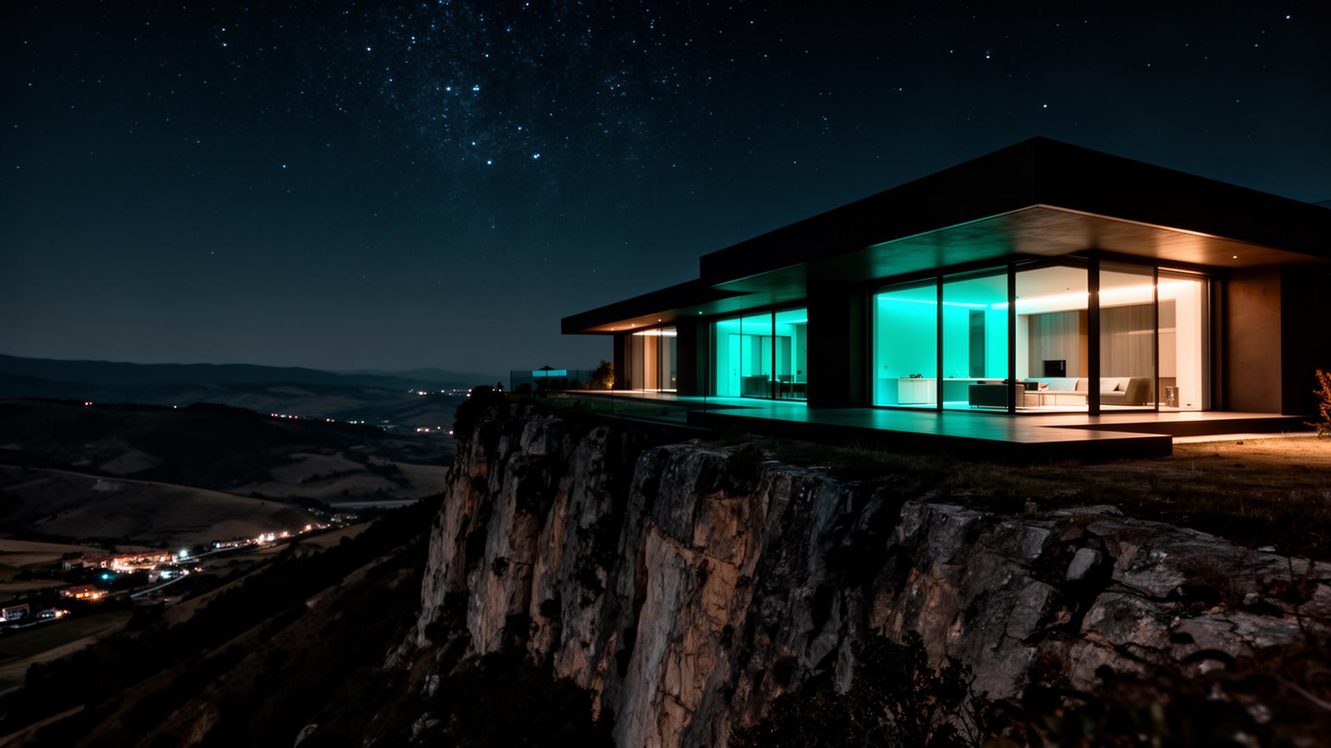 Hogar LIVIN iluminado sobre un acantilado de noche